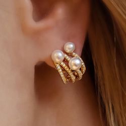Spectrum Golden Round Cut Sapphire & Pearl Stud Earrings