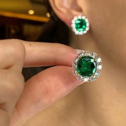 Two Tone Halo Cushion Cut Emerald Sapphire Stud Earrings