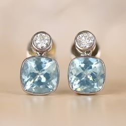 Bezel-Set Cushion & Round Cut Aquamarine Sapphire Drop Earrings
