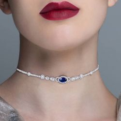Halo Oval Cut Blue & White Sapphire Necklace