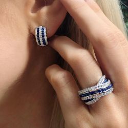 Round Cut Blue & White Sapphire Wedding Band & Earrings