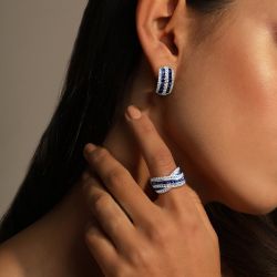 Round Cut Blue & White Sapphire Wedding Band & Earrings