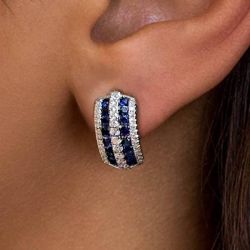 Fashion Round Cut Blue Sapphire Hoop Earrings For Women