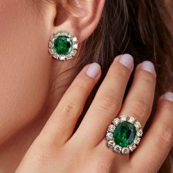 Two Tone Halo Cushion Cut Emerald Sapphire Stud Earrings & Ring Sets