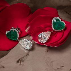 Halo Heart & Pear Cut Emerald Drop Earrings