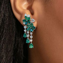 Flower Design Pear & Round Cut Emerald Sapphire Drop Earrings For Women 