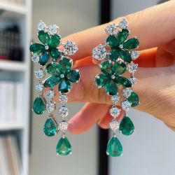 Flower Design Pear & Round Cut Emerald Sapphire Drop Earrings