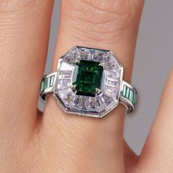 Two Tone Halo Asscher Cut Emerald Sapphire Engagement Ring