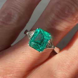 Three Stone Emerald & Trillion Cut Engagement Ring