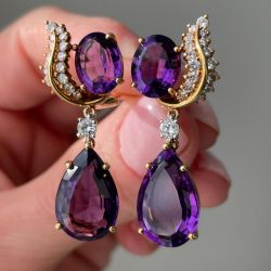 Vintage Golden Pear & Oval Cut Purple Sapphire Drop Earrings