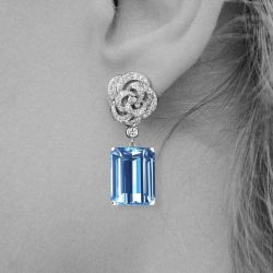 Swirls Design Emerald Cut Aquamarine Sapphire Drop Earrings