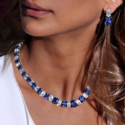 Classic Cushion Cut Blue & White Sapphire Tennis Necklace & Earrings Sets