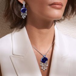 Double Oval Cut Blue Sapphire Pendant Necklace & Earrings Sets