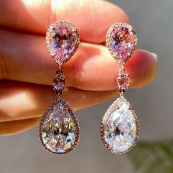 Golden Double Pear Cut Pink & White Sapphire Drop Earrings