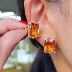 Golden Cushion Cut Orange Sapphires Studs Earrings