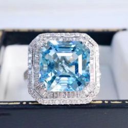 Brilliant Double Halo Asscher Cut Aquamarine Sapphire Engagement Ring