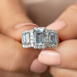 Three Stone Emerald Cut Aquamarine Sapphire Engagement Ring