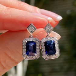 Halo Emerald Cut Blue Sapphire Drop Earrings