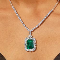 Halo Emerald Cut Emerald Color Pendant Necklace