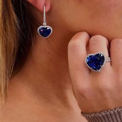 Halo Heart Cut Blue Sapphire Engagement Ring & Earrings Sets