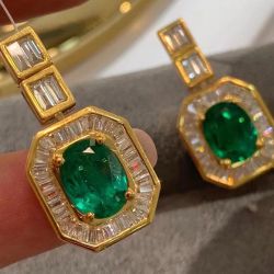 Golden Halo Oval Cut Emerald Sapphire Drop Earrings