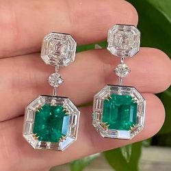 Two Tone Halo Asscher Cut Emerald & White Sapphire Drop Earrings