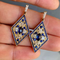 Golden Kite Shaped Blue Sapphire Drop Earrings
