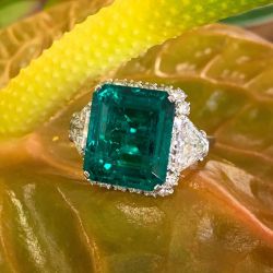 Vintage Halo Emerald & Trillion Cut Engagement Ring
