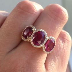 Golden Three Stone Oval Ruby Sapphire Engagement Ring