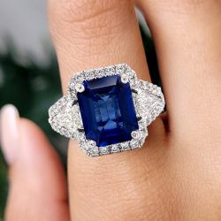 Split Shank Emerald Cut Blue Sapphire Engagement Ring