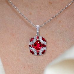 Milgrain Oval & Marquise Cut Ruby Sapphire Pendant Necklace