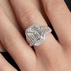 Classic Emerald & Baguette Cut White Sapphire Engagement Ring