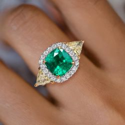 Two Tone Three Stone Cushion Cut Emerald Engagement Ring