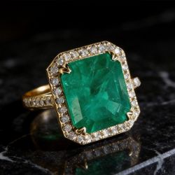 Gorgeous Golden Halo Asscher Cut Emerald Sapphire Engagement Ring