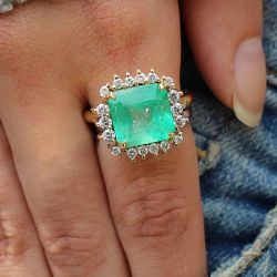 Golden Halo Asscher Cut Emerald Sapphire Engagement Ring