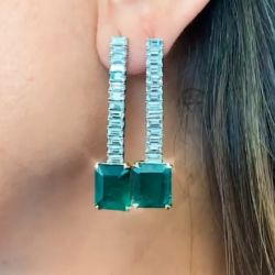 Emerald & Baguette Cut Emerald Sapphire Drop Earrings