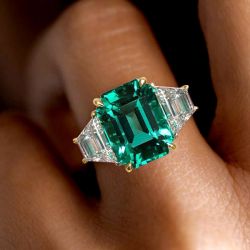 Golden Three Stones Emerald Cut Engagement Ring For Women 