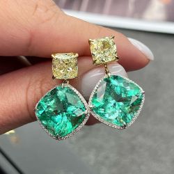 Two Tone Cushion Cut Emerald Sapphire Drop Earrings