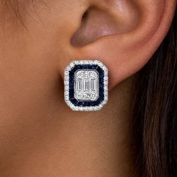 Double Halo Baguette Cut Blue Sapphire Stud Earrings For Women