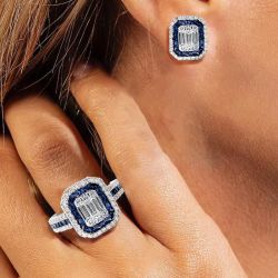 Double Halo Blue Round & Baguette Cut Ring & Earrings Set