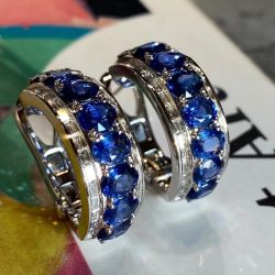 Stunning Oval & Baguette Cut Vivid Blue Sapphire Hoop Earrings