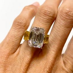 Two Tone Three Stone Emerald Cut White & Yellow Engagement Ring