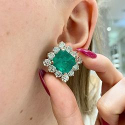 Golden Halo Asscher Cut Emerald Sapphire Stud Earrings