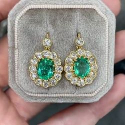 Golden Halo Oval & Round Cut Emerald Color Drop Earrings