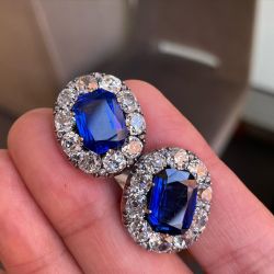 Two Tone Halo Cushion  Cut Blue Sapphire Stud Earrings