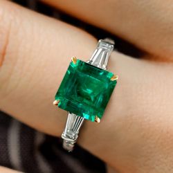 Two Tone Three Stone Asscher Cut Emerald Engagement Ring