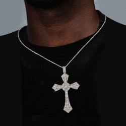 Flawless White Sapphire Baguette Cut Cross Pendant Necklace