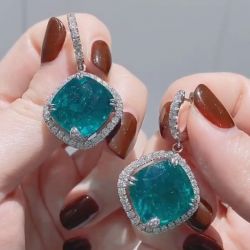 Halo Emerald Sapphire Cushion Cut Drop Earrings