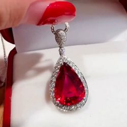 Halo Pear Cut Ruby & White Sapphire Pendant Necklace