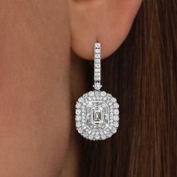 Classic Halo Emerald Cut White Sapphire Drop Earrings